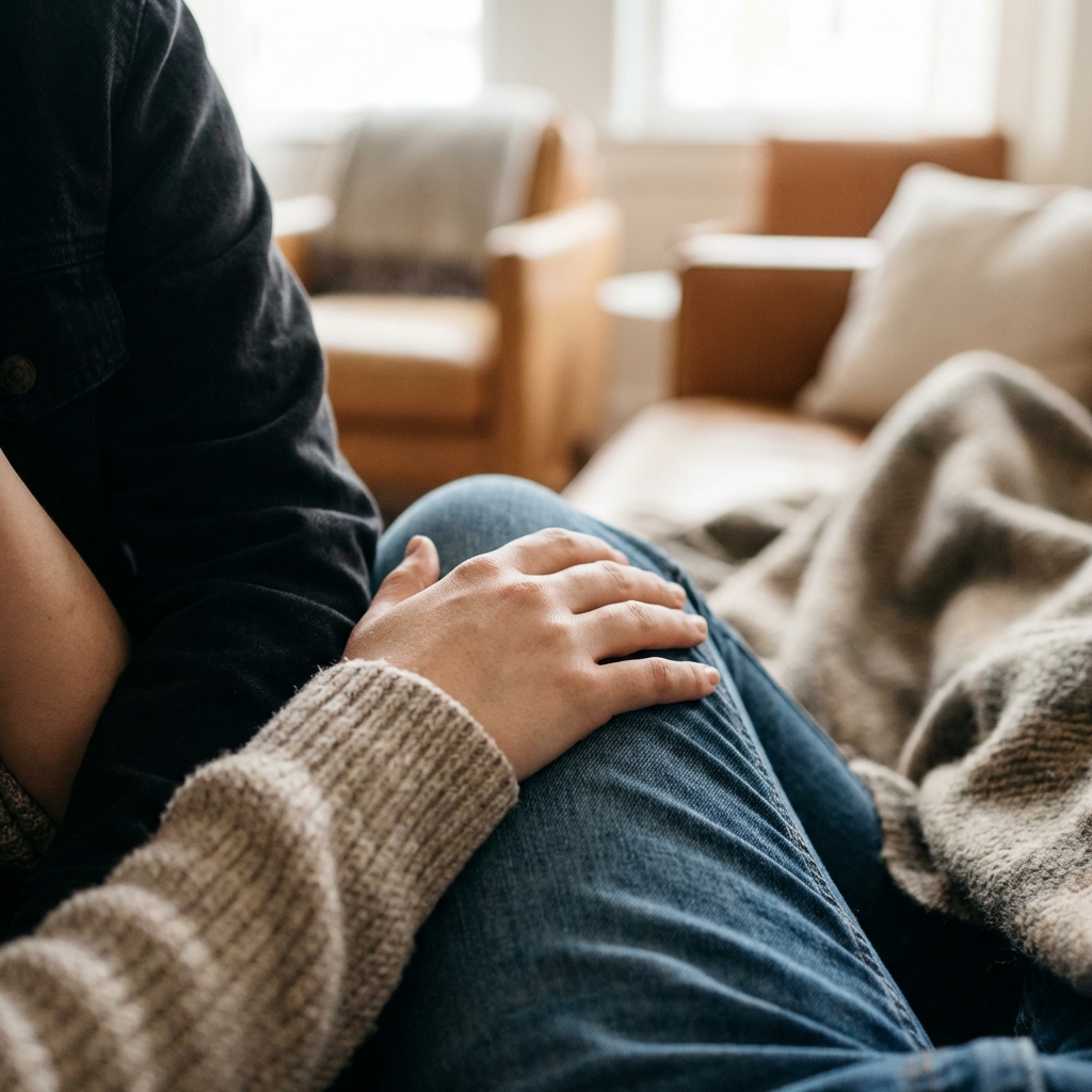 Mano reconfortante sobre rodilla de denim
