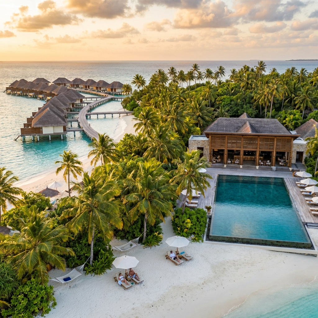 Bungalows tropicales sobre el agua al atardecer