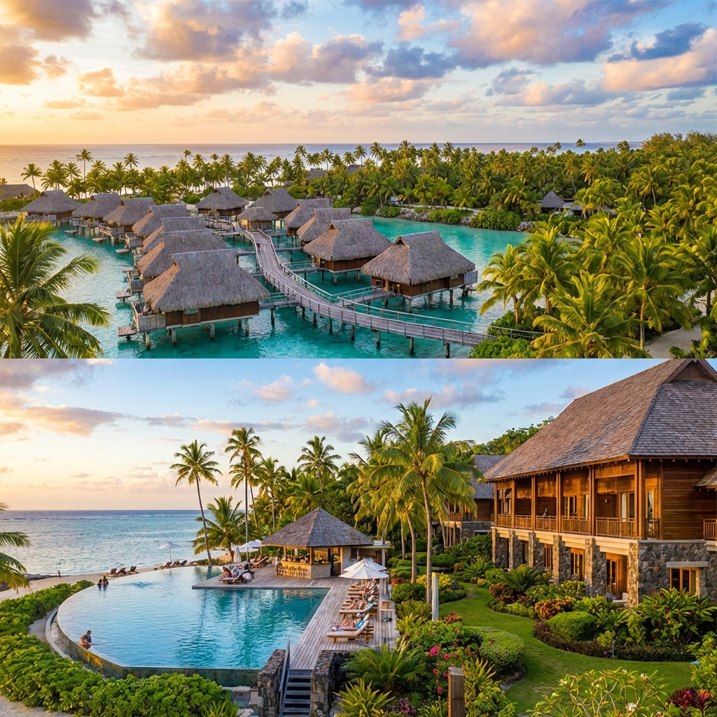 Bungalows tropicales sobre el agua y piscina infinita