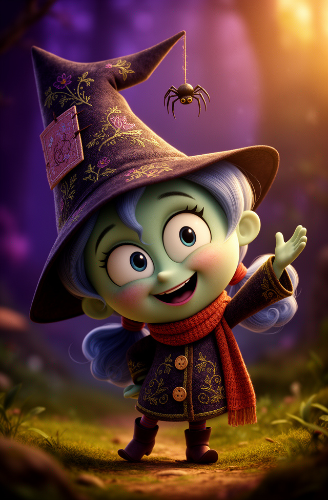 Cheerful Little Witch with Spider