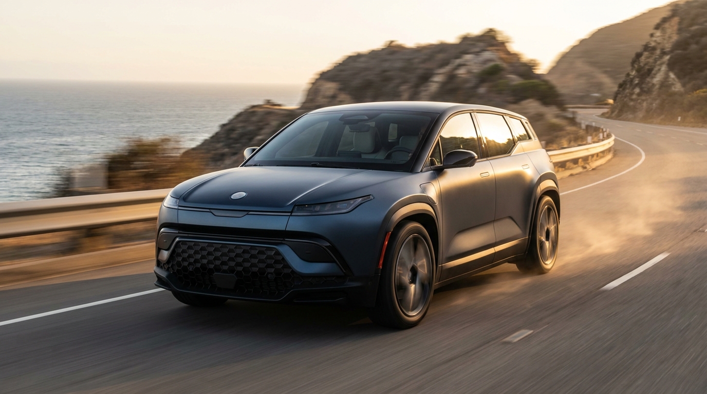 Sleek Electric SUV on Coastal Road
