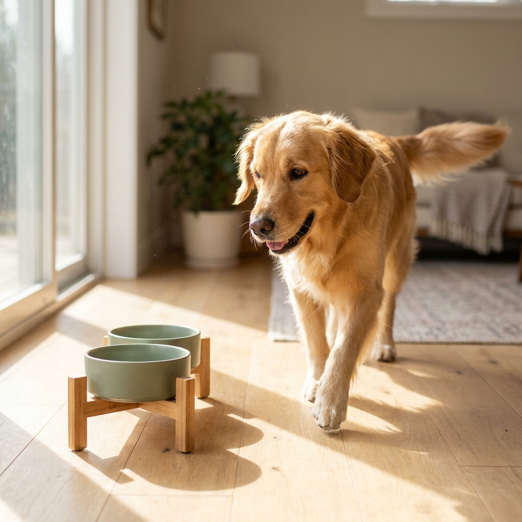 Golden Retriever Approaching Bowls