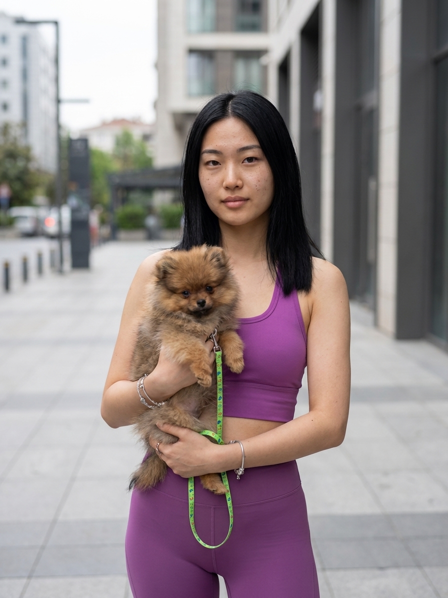 Woman in Purple Activewear Holding Pomeranian