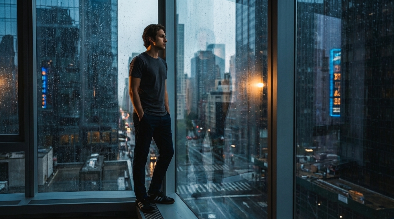 Man Reflecting by Rainy City Window