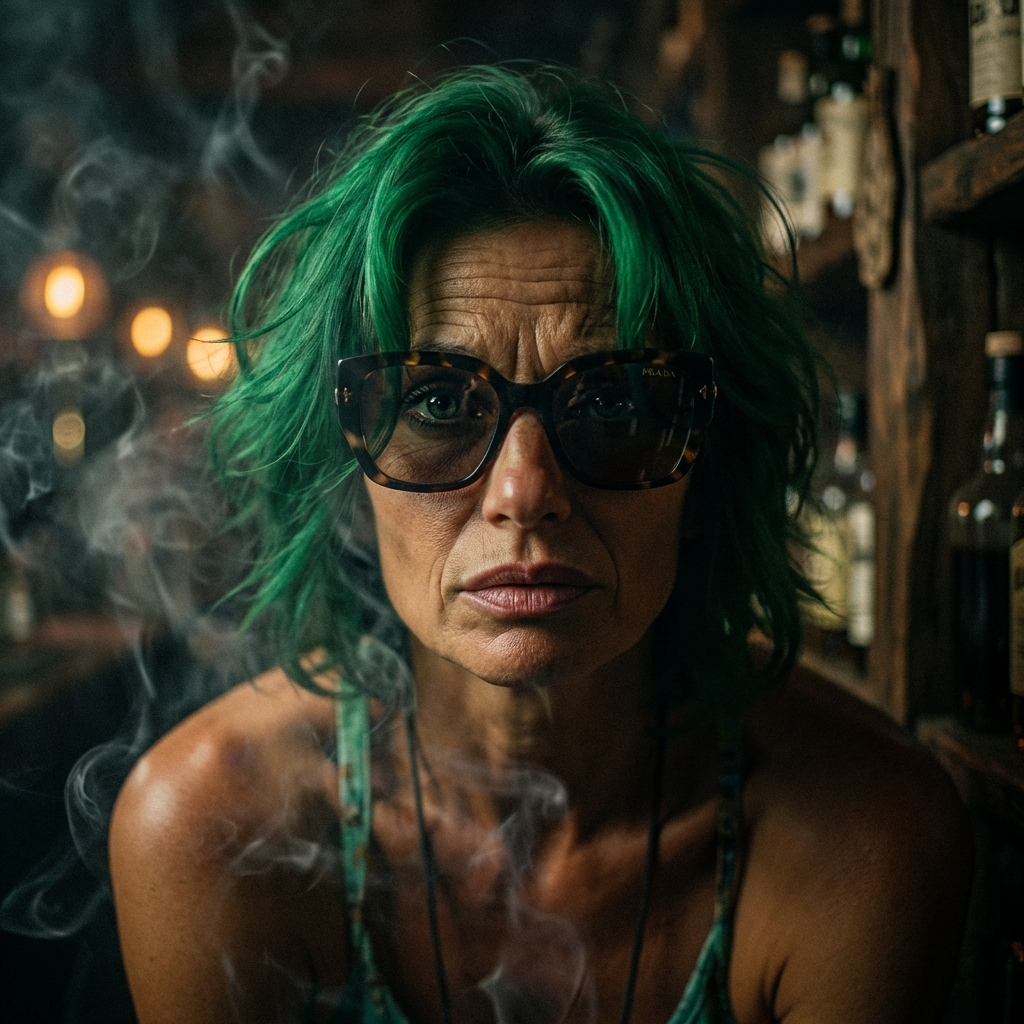 Woman with Green Hair in Bar