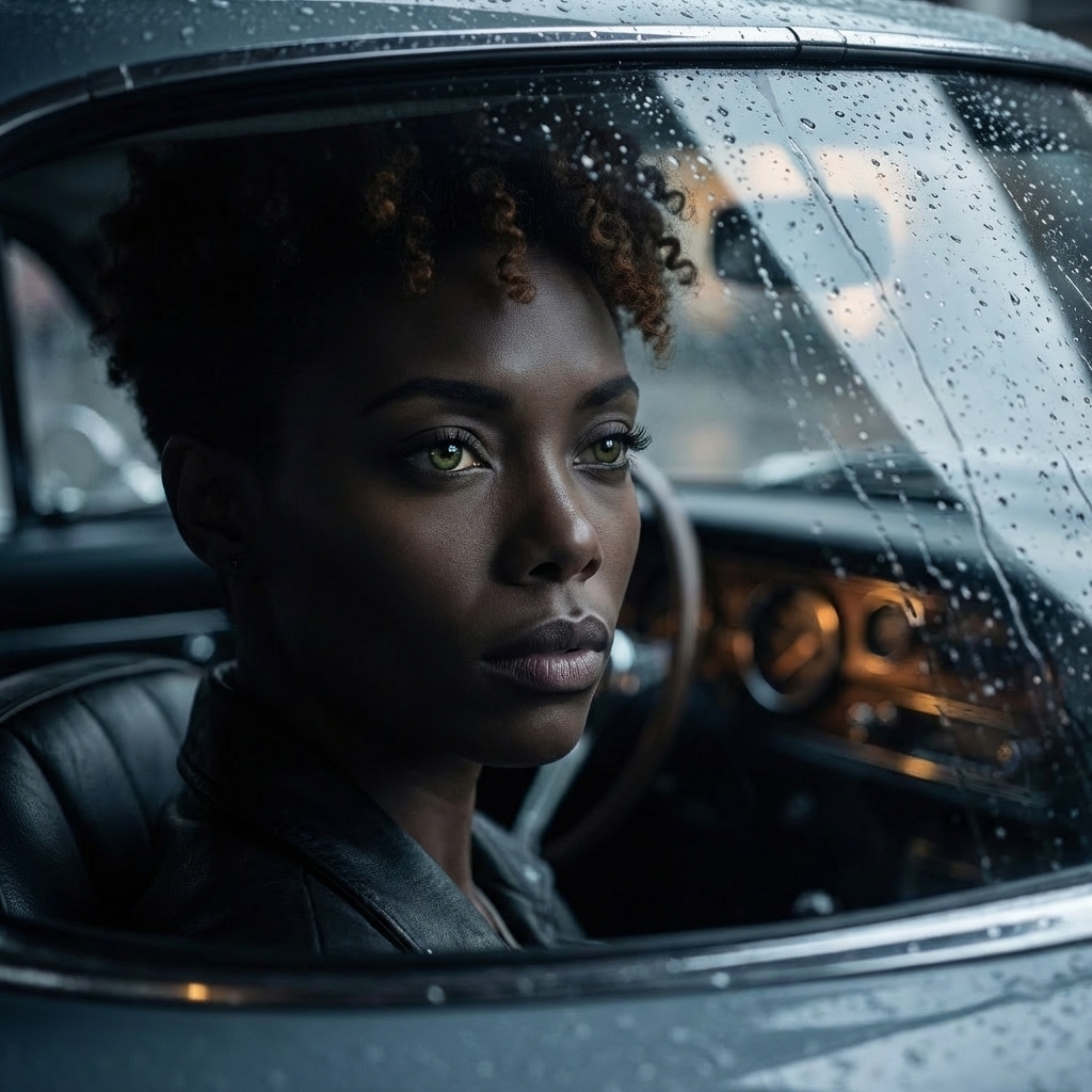 Pensive Woman in Rainy Car