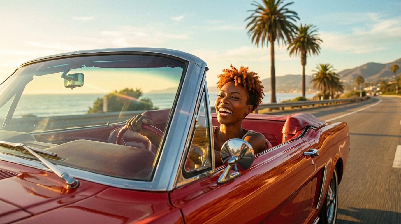 Joyful Woman Driving Convertible