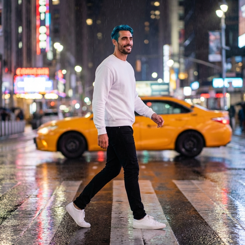 Man Walking on Rainy City Crosswalk