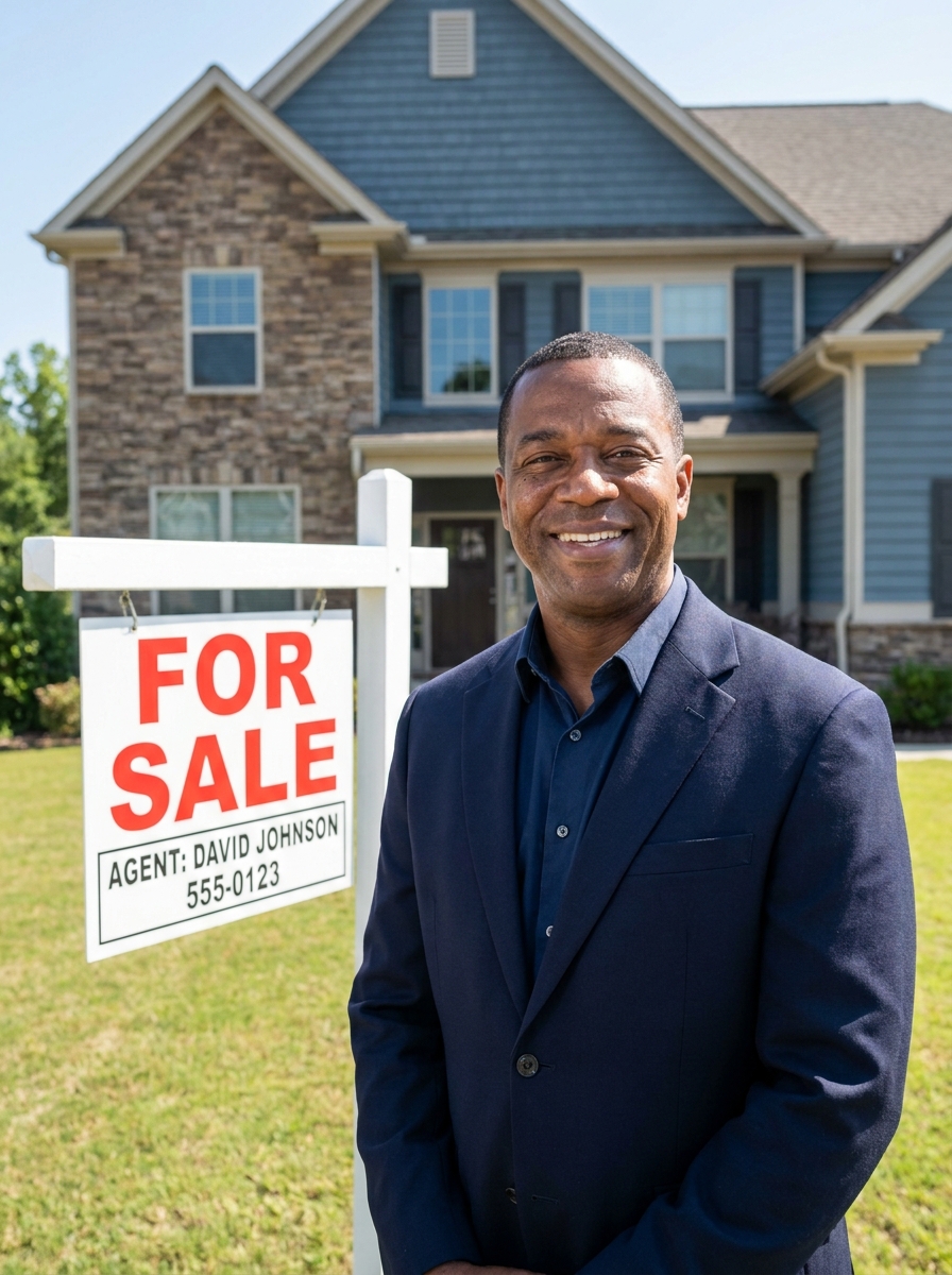 Agent With For-Sale Sign AI Real Estate Photo