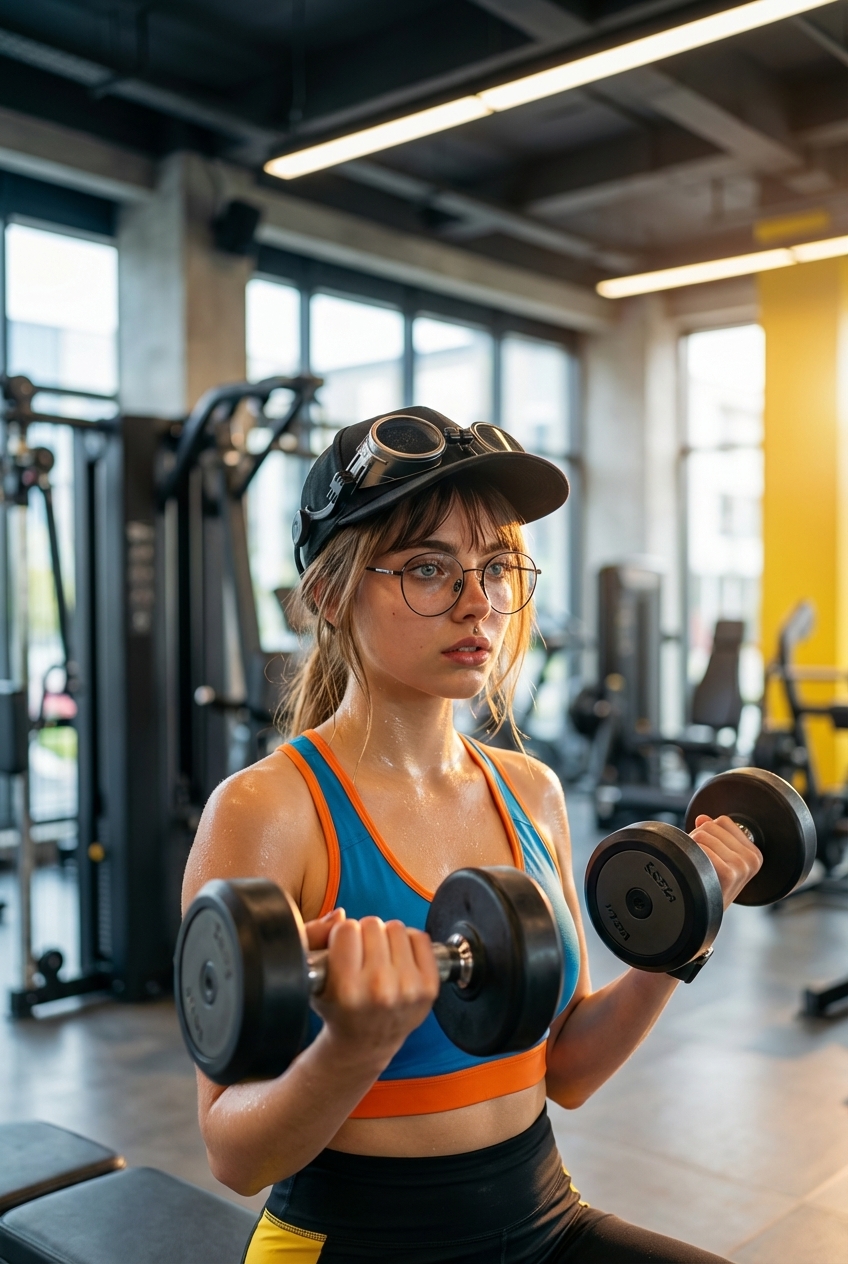 Focused Woman Lifting Dumbbells