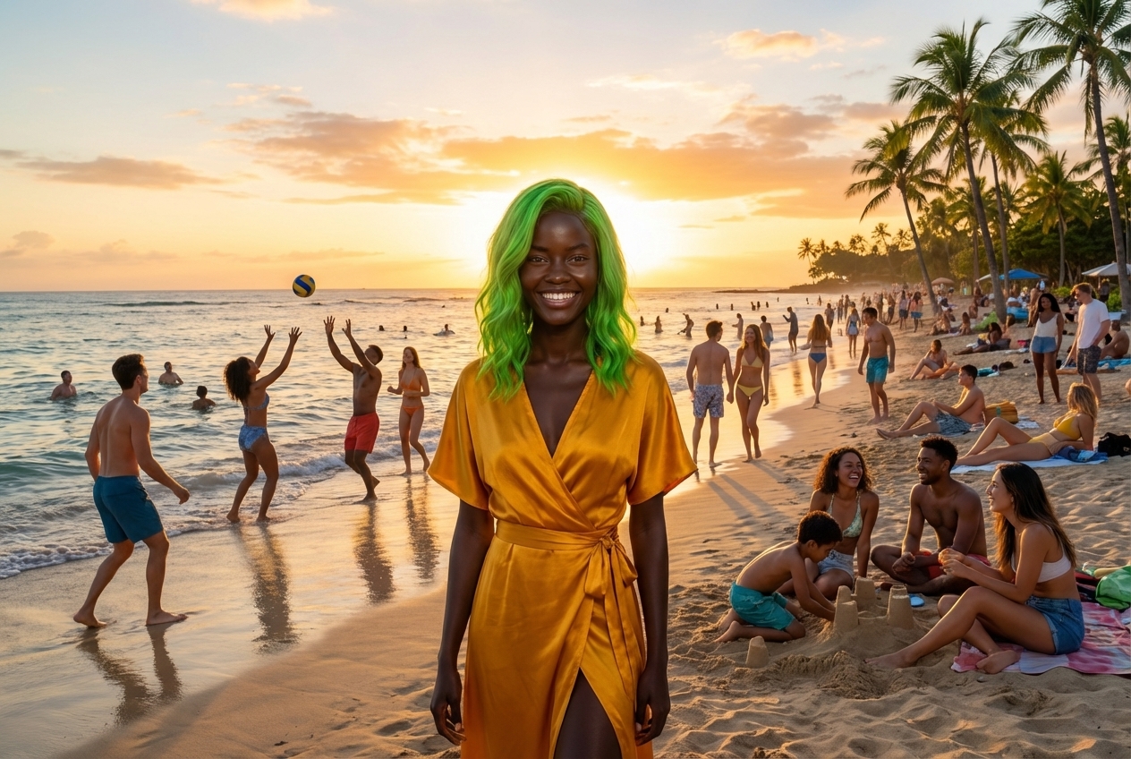 Sunset Beach Joy with Green-Haired Woman