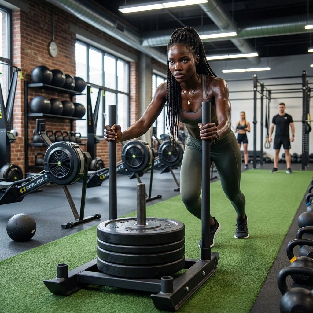Focused Woman Pushing Weighted Sled