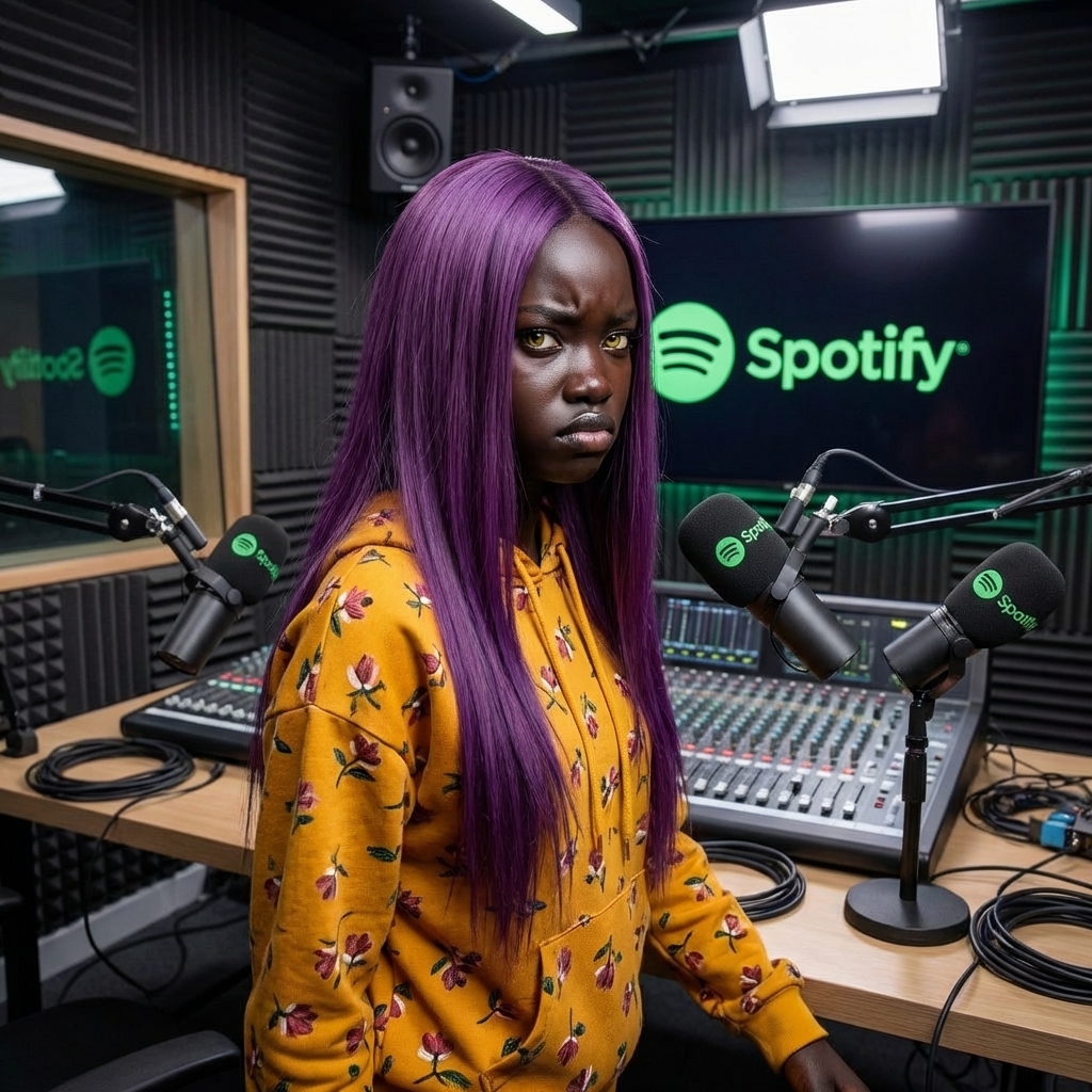 Pensive Podcaster with Purple Hair