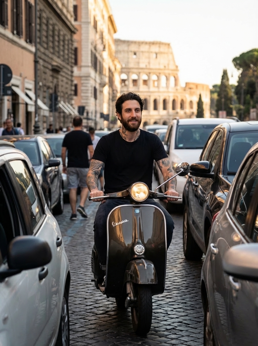 Man Riding Vespa Near Colosseum