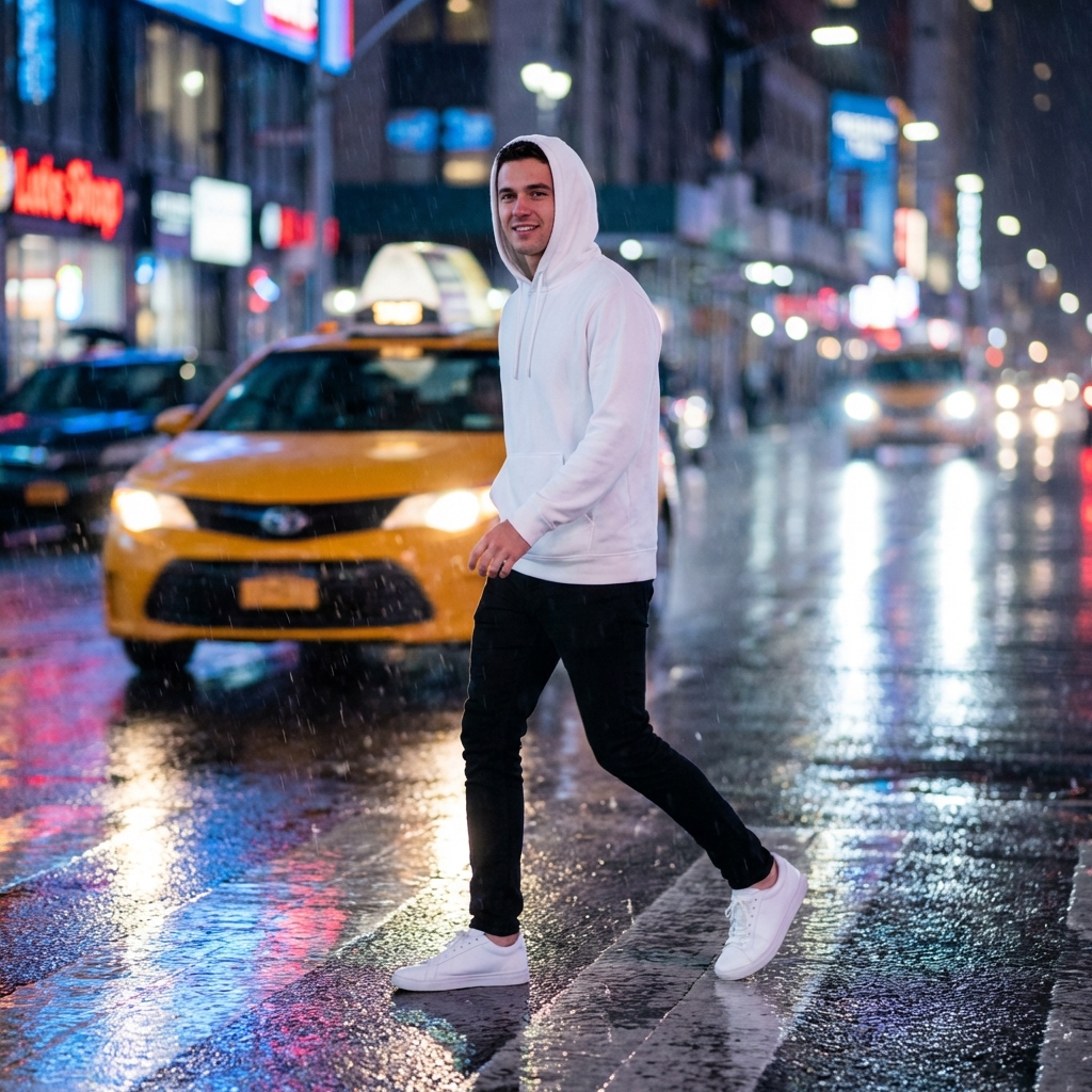 Smiling Man Crossing Rainy Street