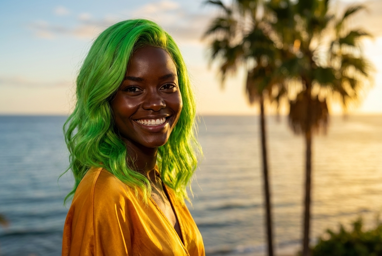 Smiling Woman with Neon Green Hair by Ocean