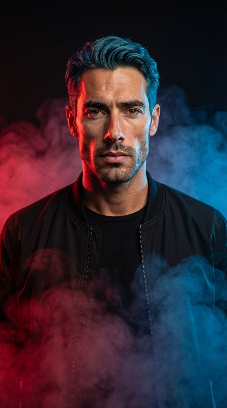Man in Moody Red and Blue Smoke