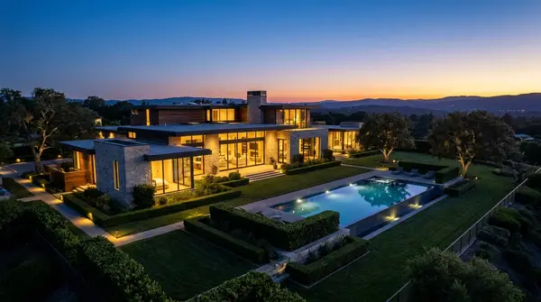 Luxury Estate Aerial Twilight AI Property Photo