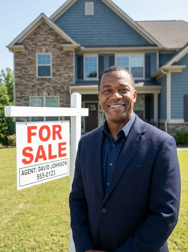 Agent With For-Sale Sign AI Real Estate Photo